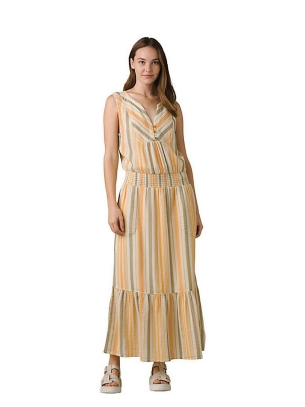 Prana Sleeveless V-Neck Maxi Dress Soft Yellow Stripe 100% Organic Cotton Sz S